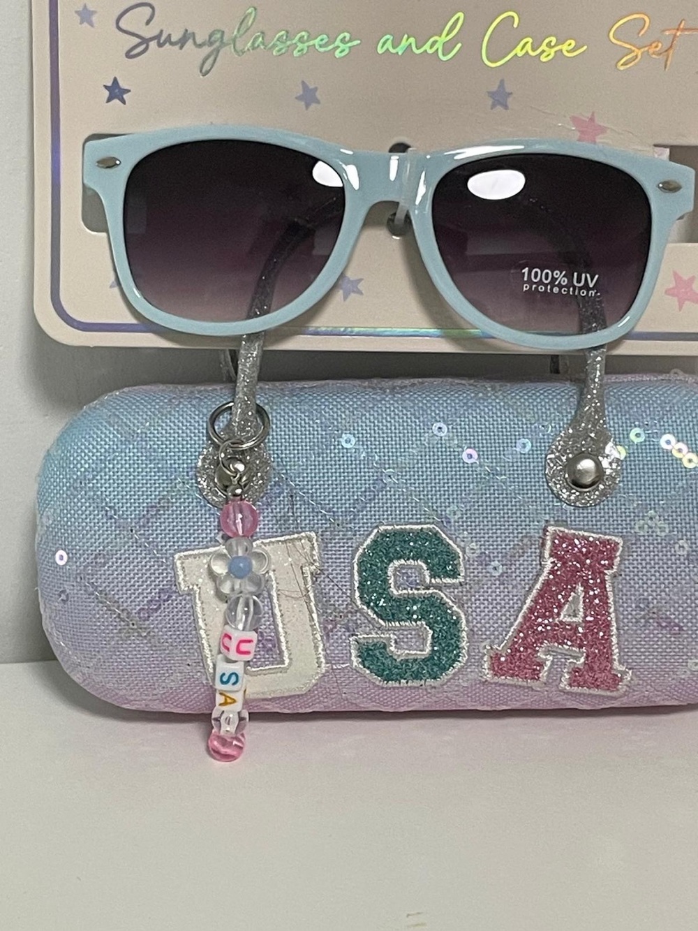 Kids Pastel Blue Sunglasses with Sparkle USA Case